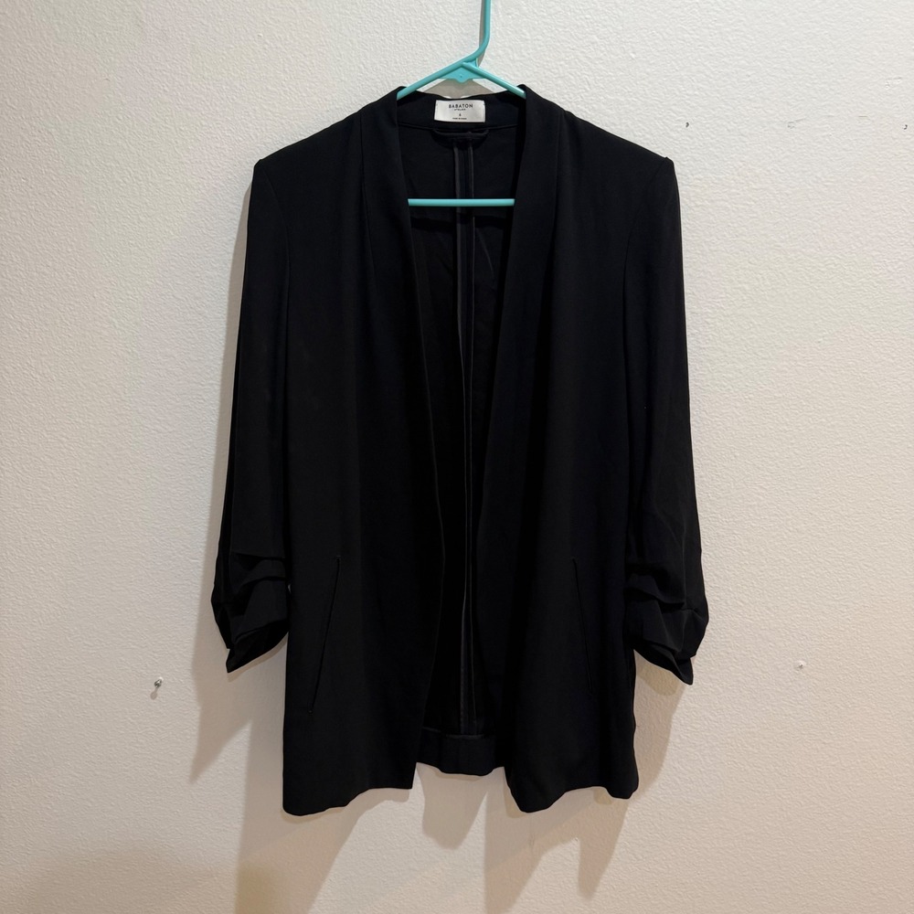 Babaton Aritzia Samuel Blazer Black 3/4 Ruched Sleeve Open Front Jacket Size 6